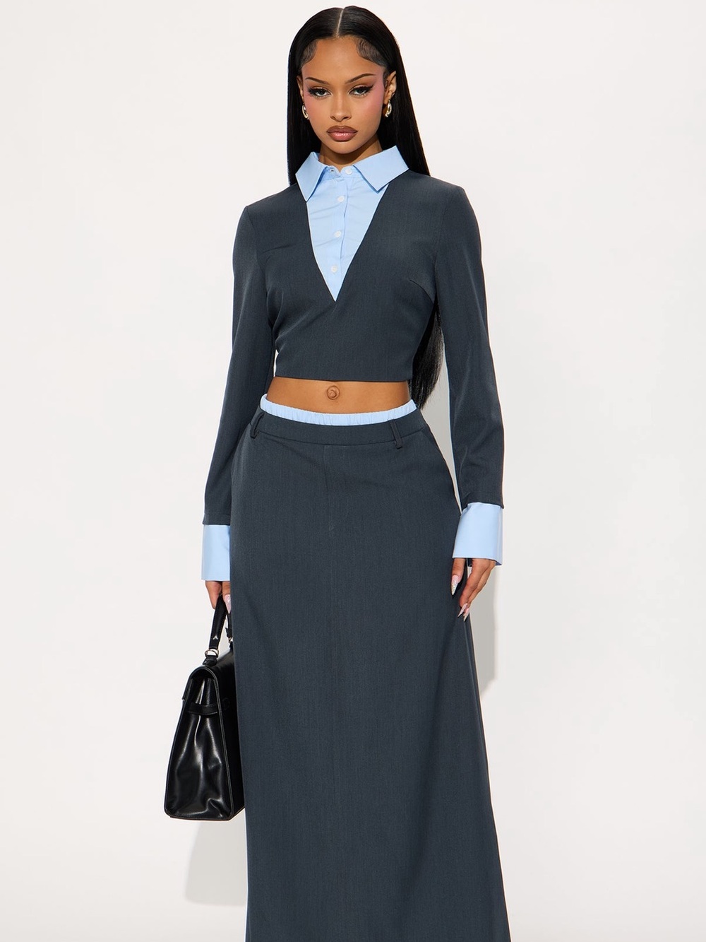 Fashion Nova Charcoal Maxi Skirt Set with Light Blue Trim